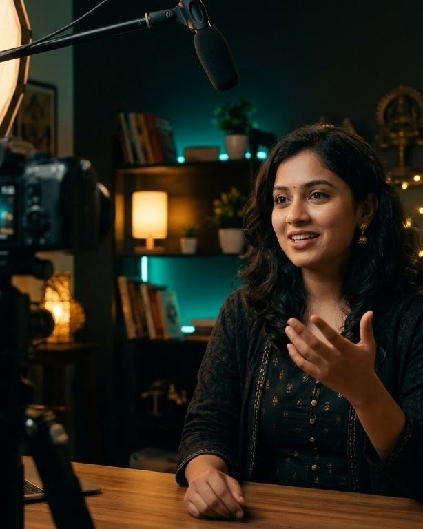A creator mid-sentence in her studio, camera and key light on