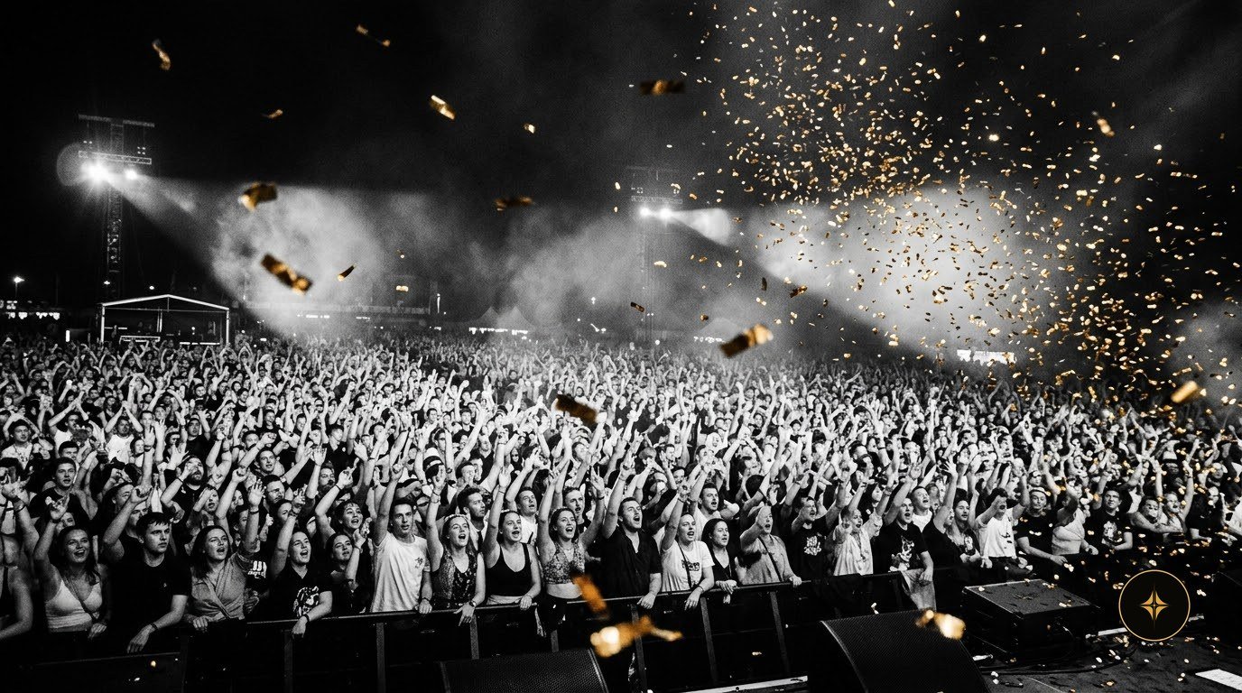 A full hall under falling gold confetti