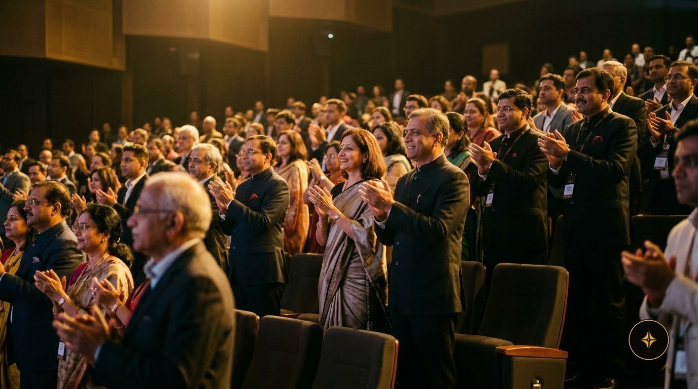 An audience on its feet, applauding