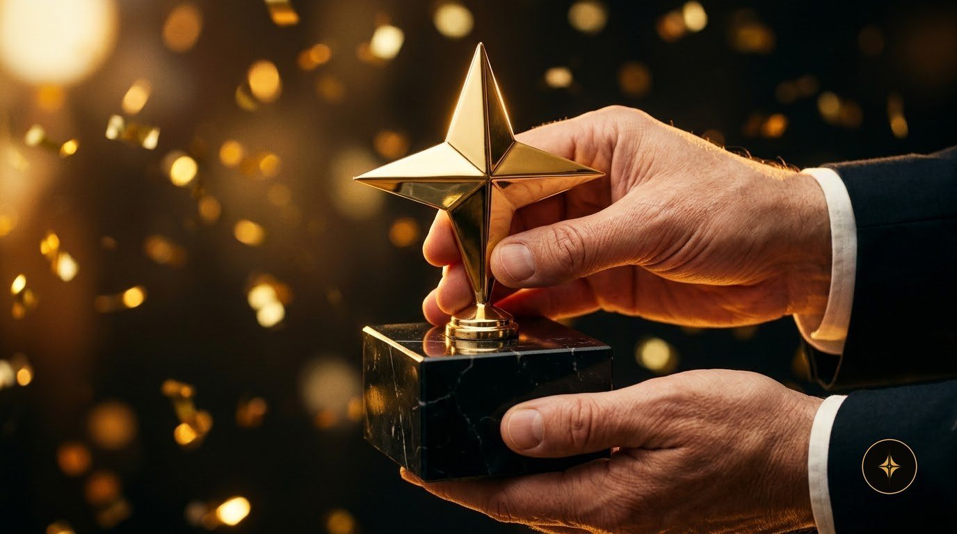 Hands holding the gold star trophy